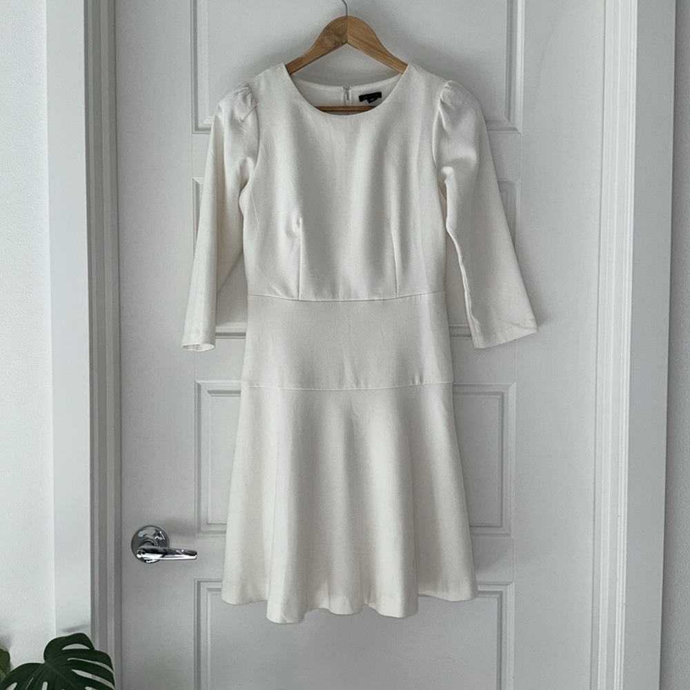 Ann Taylor White Fit and Flare Dress with 3/4 Sleeves